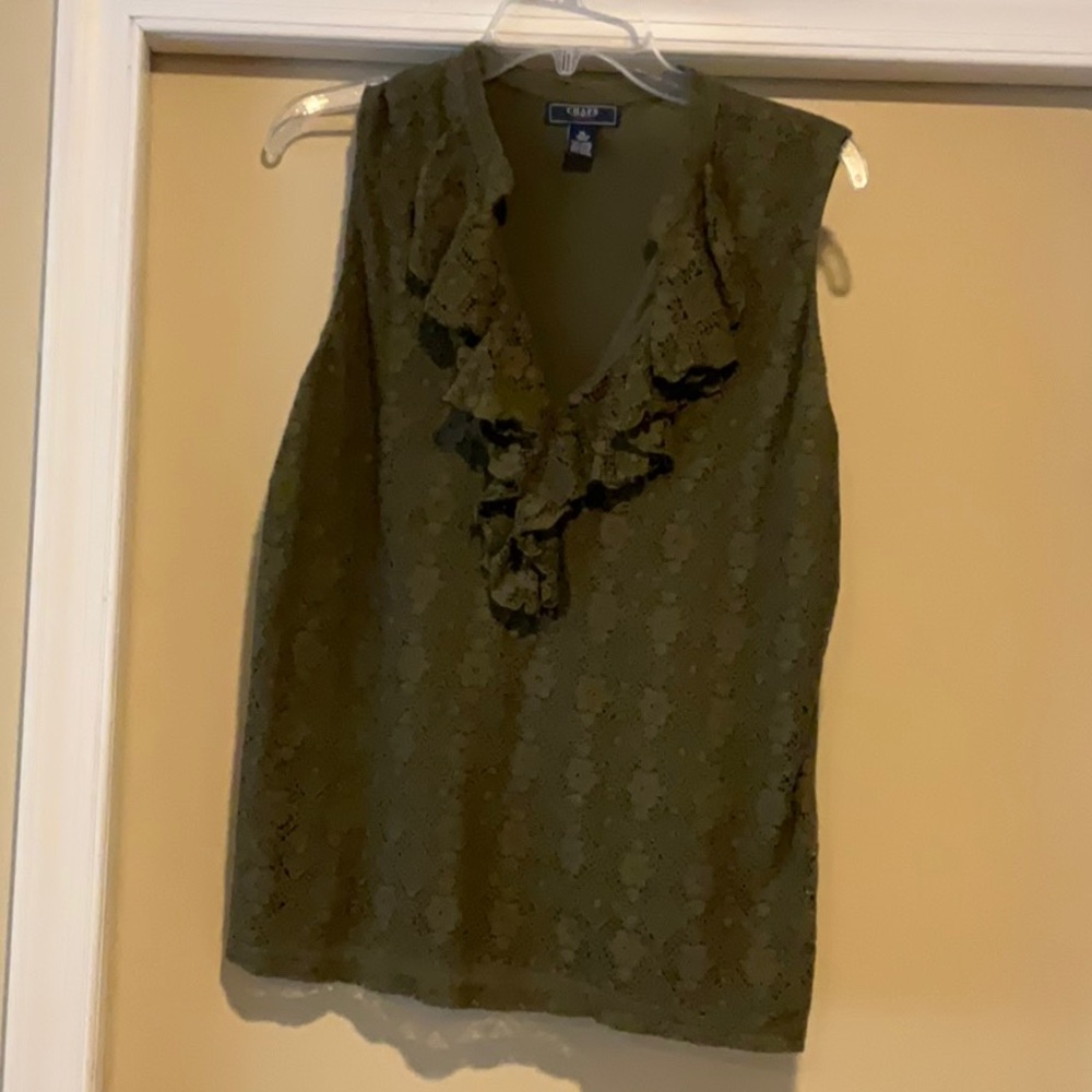 Chaps Denim Ruffled Lace Olive Green Sleeveless Blouse